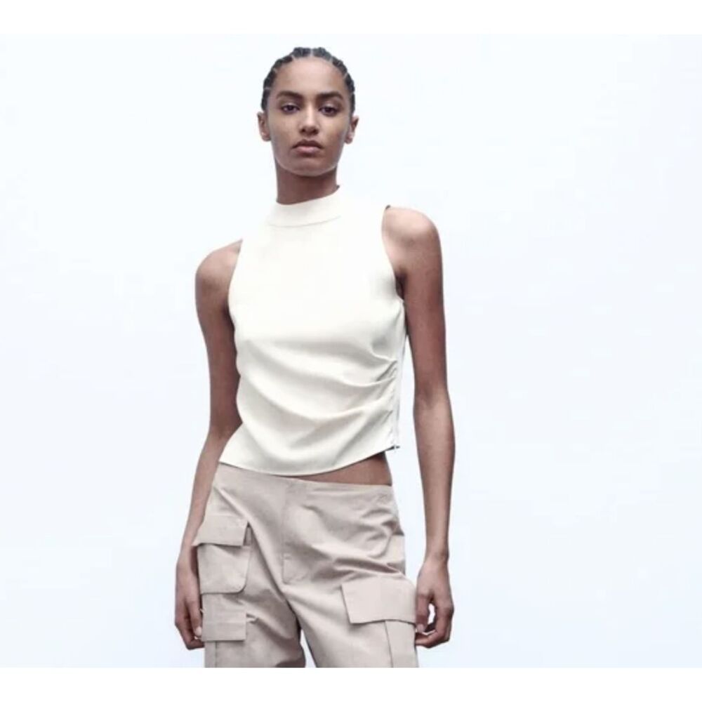 Zara Sleeveless Side Ruched Tank Top Blouse Cream White Size Extra Large